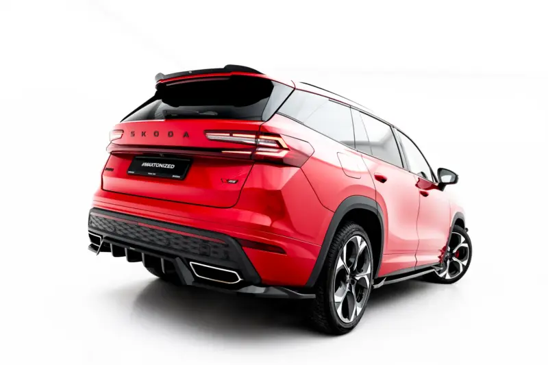 Red Skoda SUV shown from the rear-left, highlighting taillights and bold rear branding.