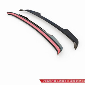 Two curved automotive aerodynamic components (side skirts) with a pink stripe, set on a white background; brand logo in the lower right and a red slogan bar.