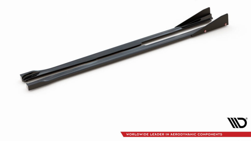 Pair of dark gray windshield wiper blades laid diagonally on a white background, with a small brand logo in the bottom-right corner.