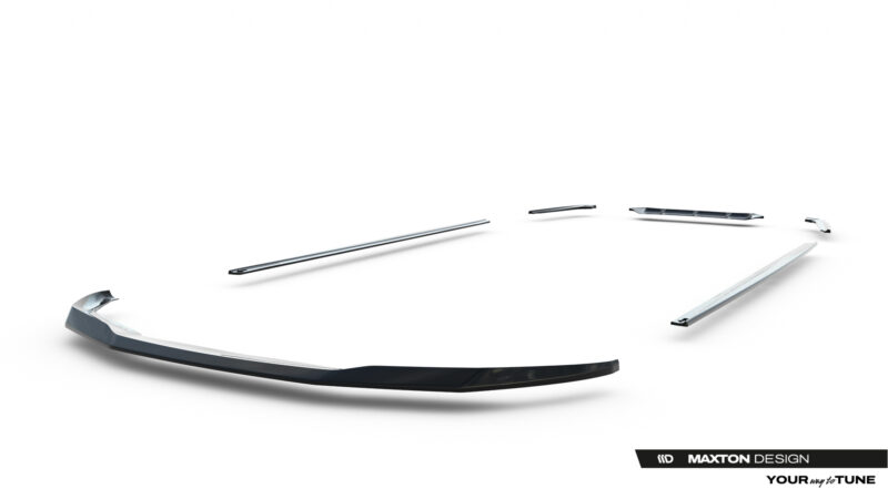 pol_po_Set-of-Splitters-V-1-BMW-M5-F90-23925_19jpg - OPSHOLDERS Chrome car body trim pieces floating on a white studio background with Maxton Design branding in the corner.