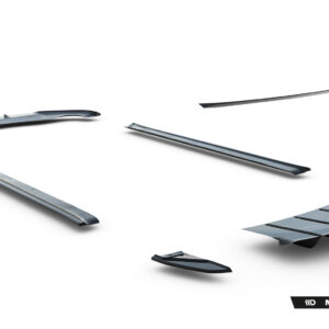 Several metallic car body parts and aero pieces floating on a white background, including side skirts and splitters, with a Maxton Design watermark in the corner.