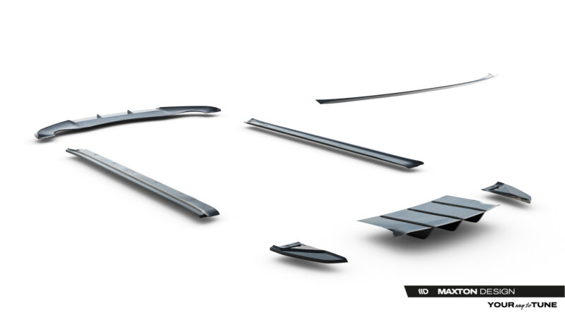 Several metallic car body parts and aero pieces floating on a white background, including side skirts and splitters, with a Maxton Design watermark in the corner.
