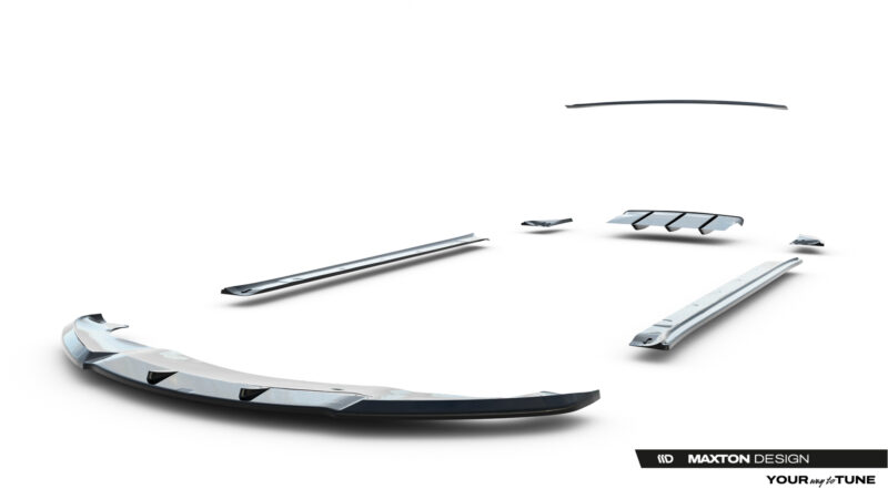 Disassembled silver car spoiler and trim pieces spread across a white studio background, with Maxton Design branding visible in the corner