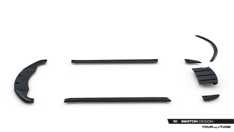 Disassembled black car body parts laid out on a white background, with Maxton Design branding in the corner.