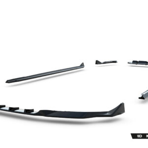 Abstract montage of disassembled automotive body parts in black and silver, arranged in a curved arc with a Maxton Design watermark.
