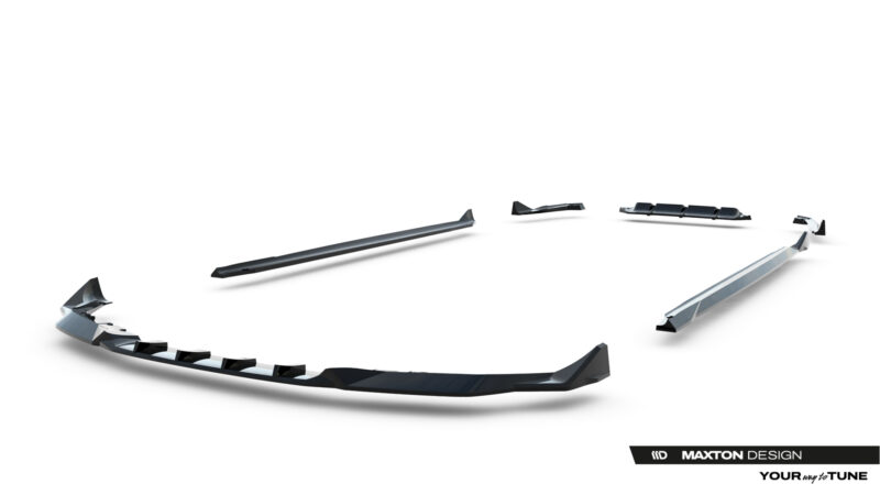 pol_po_Set-of-Splitters-V-2-BMW-M5-F90-23926_16jpg - OPSHOLDERS Abstract montage of disassembled automotive body parts in black and silver, arranged in a curved arc with a Maxton Design watermark.