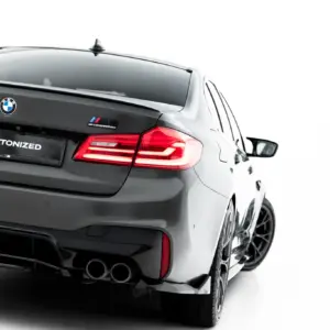 Rear view of a gray BMW M car showing the M Competition badge and the #MAXTONIZED license plate area, with red taillights and dual exhausts visible.