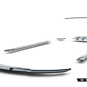 Several glossy silver car body panels and trim pieces arranged in a loose arc on a white studio background; Maxton Design branding visible at bottom right.