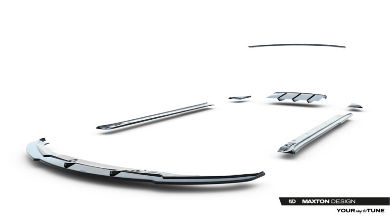 Several glossy silver car body panels and trim pieces arranged in a loose arc on a white studio background; Maxton Design branding visible at bottom right.