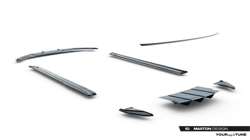 Several curved metallic car aero parts floating on a white background, with Maxton Design branding in the lower-right corner.
