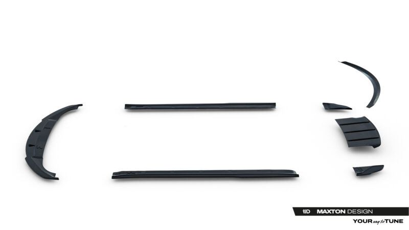 Set of black automotive body kit pieces laid out on a white background (front/rear bumper fragments visible). Watermark reads Maxton Design at bottom right.