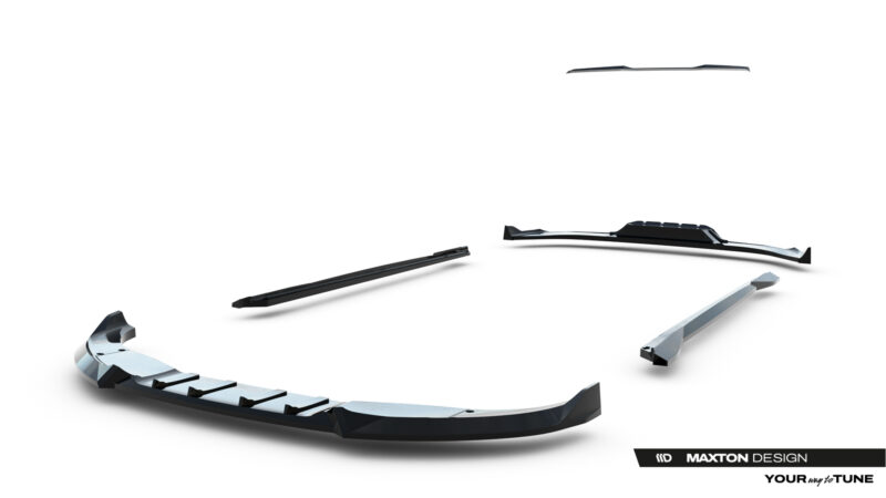 Exploded view of a car bumper and related parts floating on a white background, with Maxton Design branding visible in the corner.