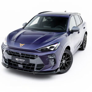 Front three-quarter view of a metallic purple SUV with bold grille and large alloy wheels in a studio setting.