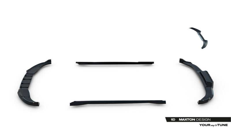 Disassembled automotive aero parts arranged around a white background, with Maxton Design branding in the bottom-right corner.