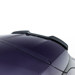 Close-up of a dark purple car roof with a black roof spoiler against a white background.