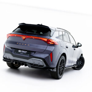 Rear three-quarter view of a metallic gray CUPRA SUV in a white studio, highlighting the distinctive redLED taillights and sporty rear design.