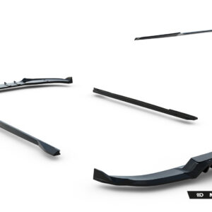 Floating automotive body parts including curved spoilers and trim pieces against a white background, brand visible (Maxton Design).