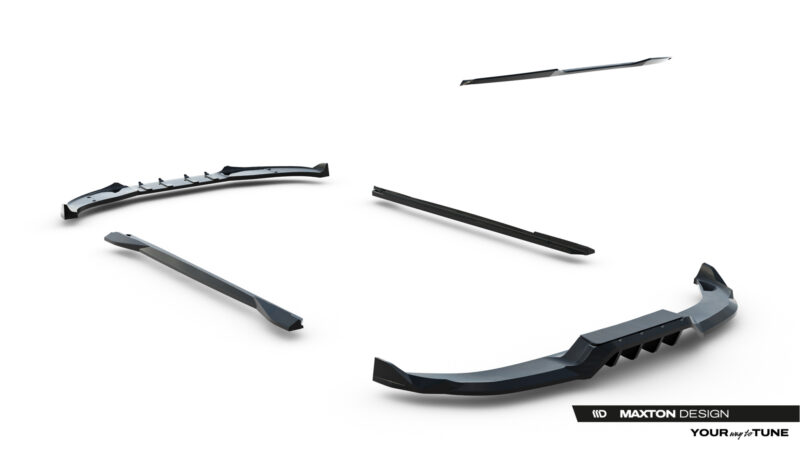Floating automotive body parts including curved spoilers and trim pieces against a white background, brand visible (Maxton Design).