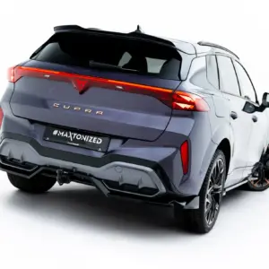 Rear three-quarter view of a gray CUPRA SUV with a full-width red taillight on a white background.