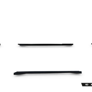 Disassembled car body kit pieces arranged around a white background, with a central slim bar and curved side components; Maxton Design logo visible in the bottom-right corner.