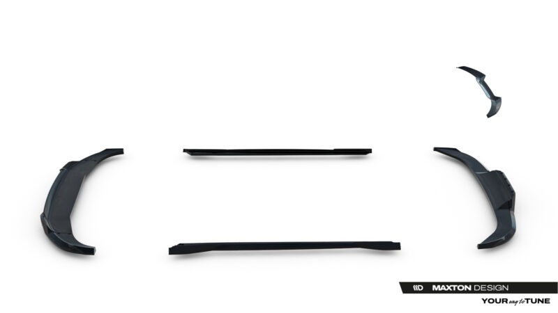 Disassembled car body kit pieces arranged around a white background, with a central slim bar and curved side components; Maxton Design logo visible in the bottom-right corner.