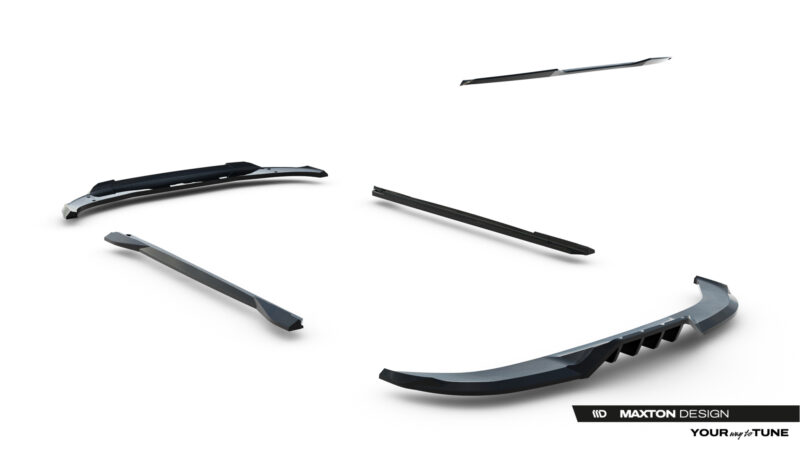 Assorted black windshield wiper blades scattered on a white background, with Maxton Design branding visible
