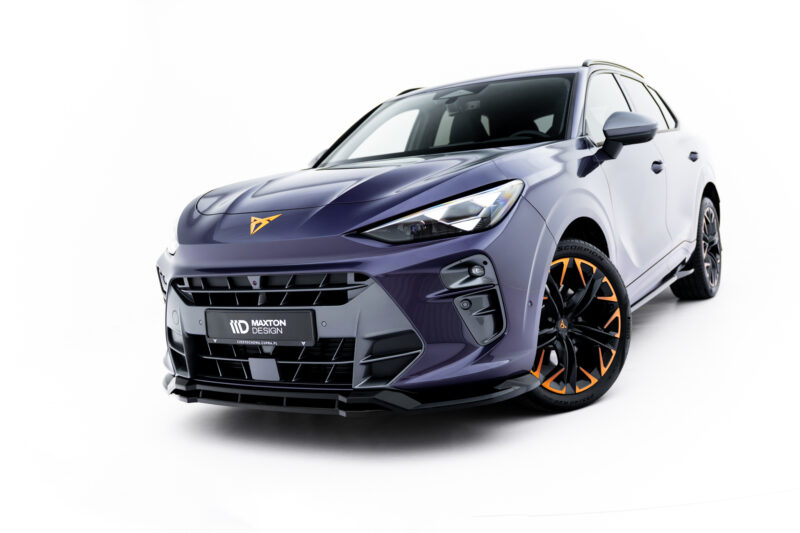 Front-left angled view of a purple sports car with orange-accent wheels and Maxton Design badge on a white background