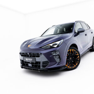 Front three-quarter view of a purple sports SUV with orange accents and large black wheels against a white studio background