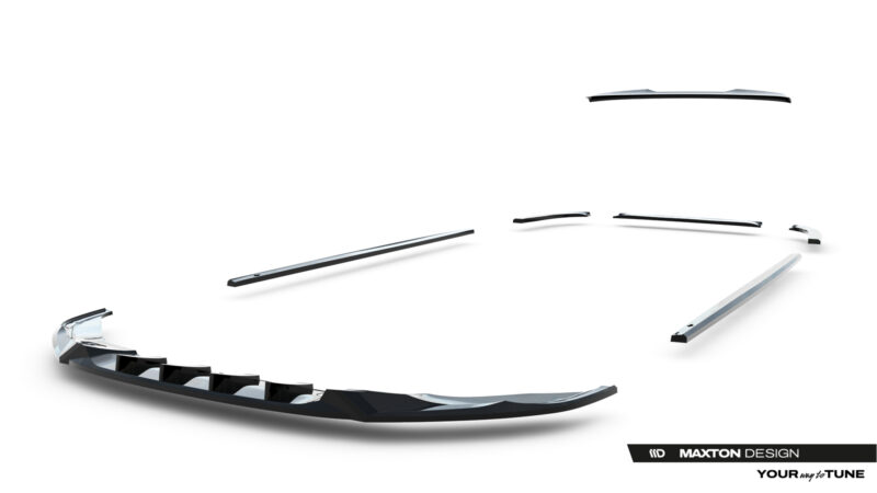 Exploded view of a Maxton Design car body kit parts laid out on white background, showing individual components ready for assembly.