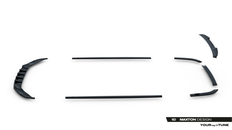 Set of black car body kit pieces laid out in a rough circle on a white background, with a Maxton Design watermark in the bottom-right corner.