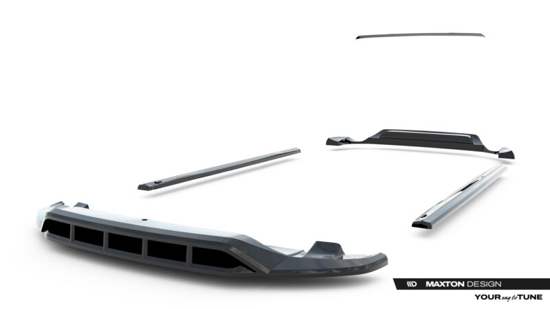 Set of car aero parts floating on a white background, with Maxton Design branding in the corner.