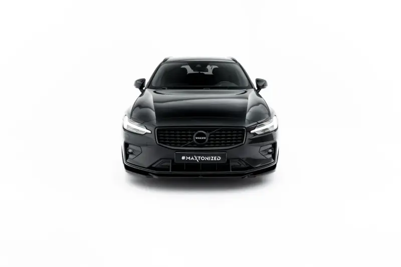 pol_po_Set-of-Splitters-Volvo-V60-R-Design-Mk3-23996_13webp - OPSHOLDERS Front view of a black Volvo SUV against a white background, with #MAXTONIZED on the license plate.