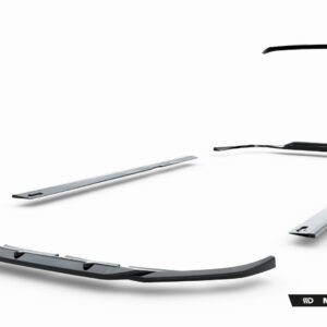 Set of chrome and black automotive body kit parts laid out on a white background, ready for assembly (Maxton Design).