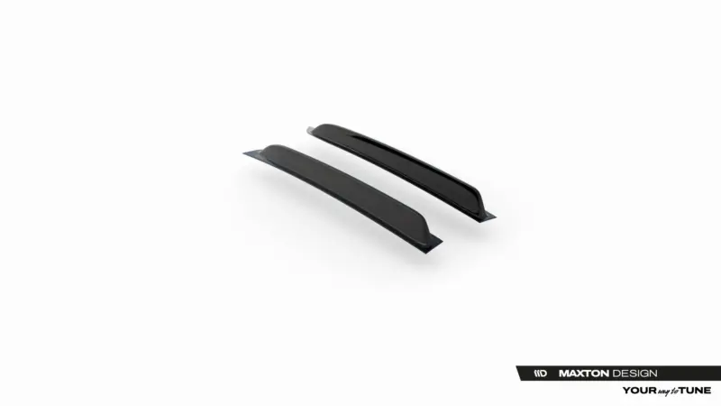 Pair of black car side skirts with an aerodynamic profile, displayed in a 3/4 view (Maxton Design branding).