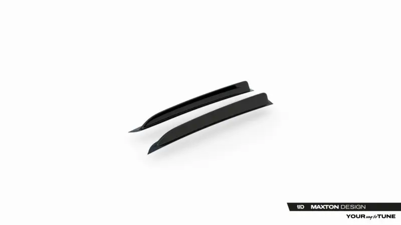 Pair of glossy black car side window visors (deflectors) shown on a white background, with Maxton Design branding nearby.