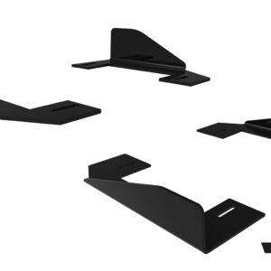 Five black metal mounting brackets with L-shaped profiles and slots, arranged in a scattered composition (product rendering).