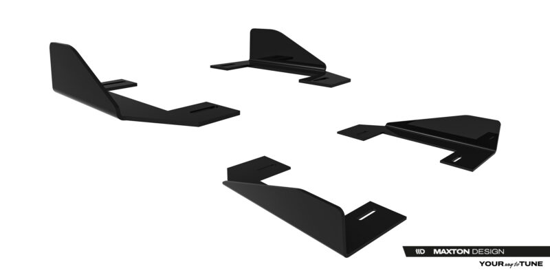 pol_po_Side-Flaps-BMW-2-M235i-Gran-Coupe-M-Pack-F74-23844_1jpg - OPSHOLDERS Five black metal mounting brackets with L-shaped profiles and slots, arranged in a scattered composition (product rendering).