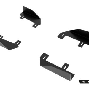 Five black metal mounting brackets with slotted tabs scattered on a white background.