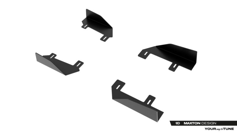 Five black metal mounting brackets with slotted tabs scattered on a white background.