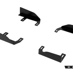 Several black metal mounting brackets with slotted ends arranged on a white background.