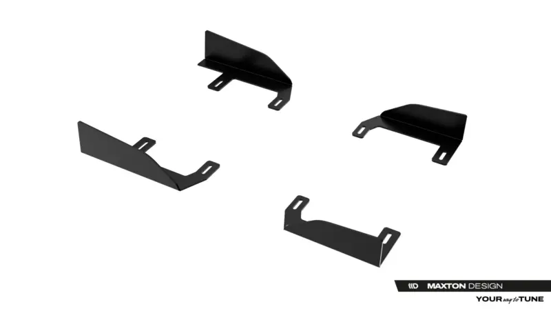 Several black metal mounting brackets with slotted ends arranged on a white background.