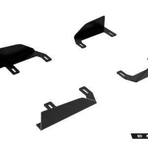 Set of black metal mounting brackets with folded flanges on a white background, scattered in a product shot.