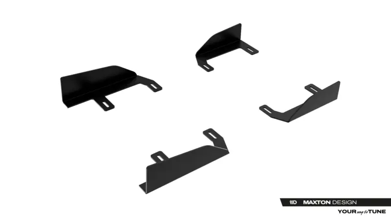 Set of black metal mounting brackets with folded flanges on a white background, scattered in a product shot.