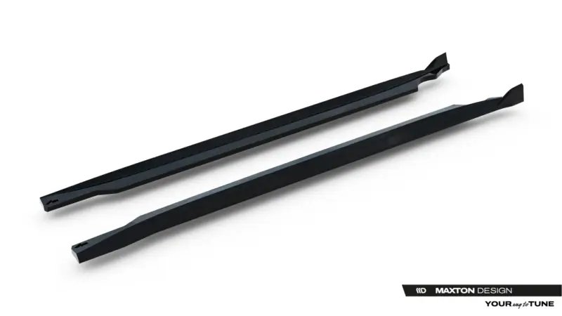 Pair of glossy black car side skirts laid diagonally on a white background with Maxton Design branding.