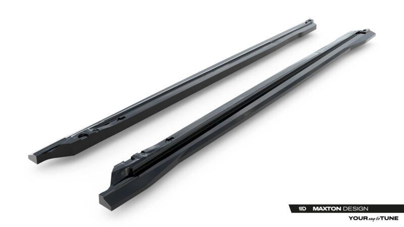 Pair of long, glossy automotive trim rails with mounting slots on a white background; features Maxton Design branding in the corner.