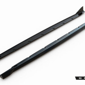 Two black automotive trim rails with mounting holes, laid diagonally on a white background.