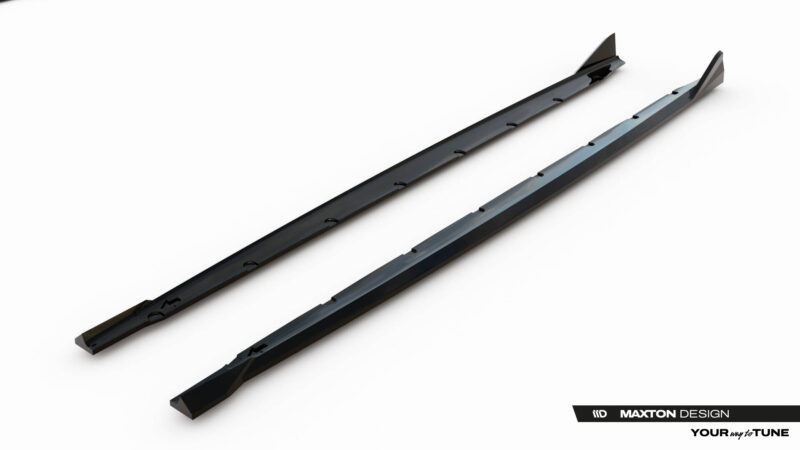 pol_po_Side-Skirts-Diffusers-BMW-2-M235i-Gran-Coupe-M-Pack-F74-23854_2jpg - OPSHOLDERS Two black automotive trim rails with mounting holes, laid diagonally on a white background.