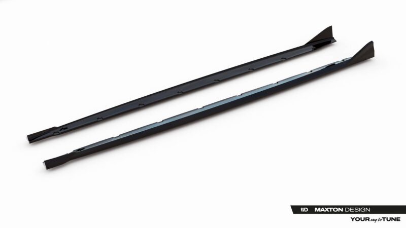 pol_po_Side-Skirts-Diffusers-BMW-2-M235i-Gran-Coupe-M-Pack-F74-23854_3jpg - OPSHOLDERS Two long black car side skirts with mounting tabs, shown diagonally on a white background (Maxton Design product).