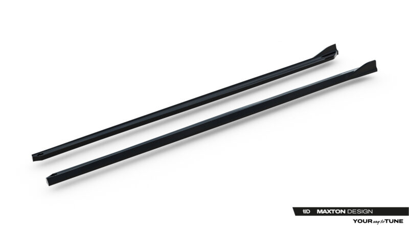 Pair of black, aerodynamic roof rack crossbars on a white background, with Maxton Design branding in the corner.