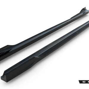 Two glossy black roof rails stretch diagonally across a white background, branded by Maxton Design in the corner.
